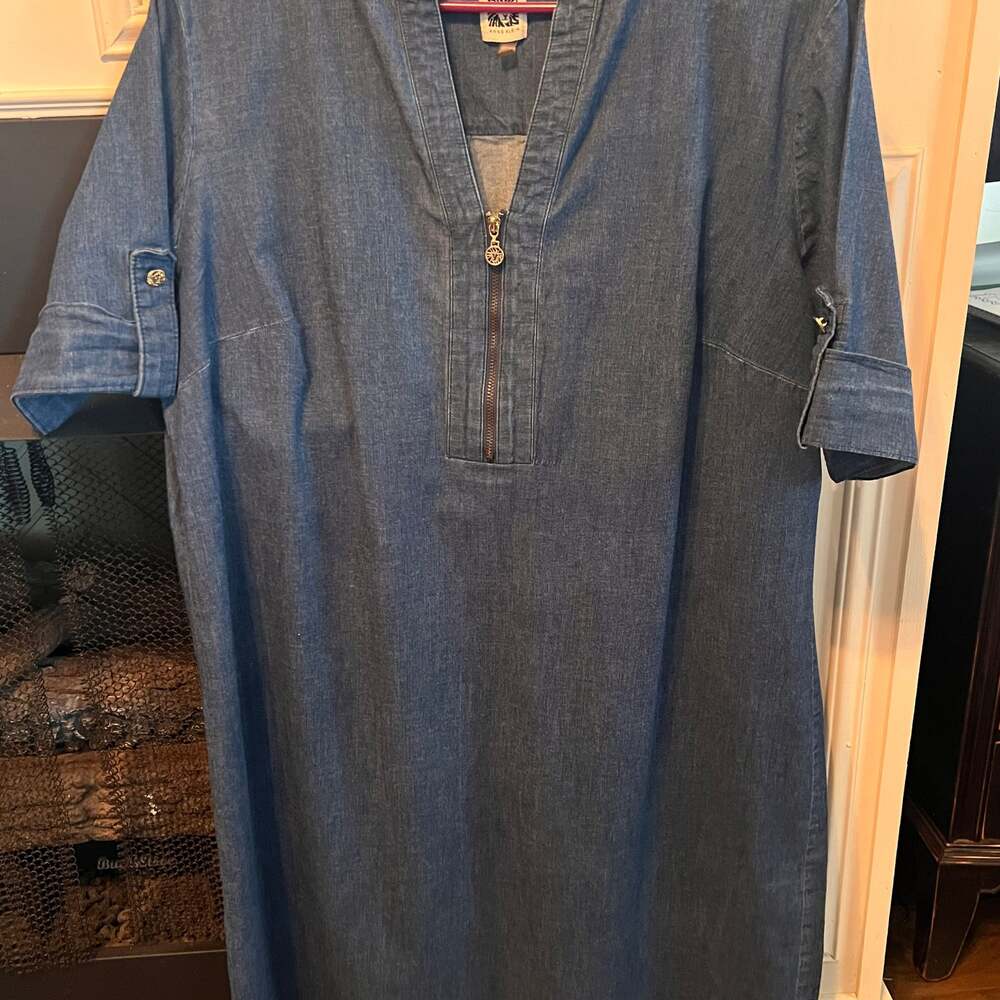 Anne Klein Blue Denim Shift Dress with Gold Lion Zipper and Roll-Tab Sleeves